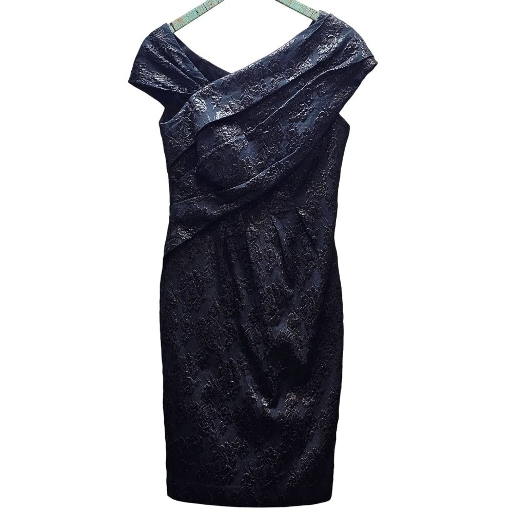 Kay Unger New York Black on Black Off the Shoulder Ruched Midi Bodycon Dress, 8